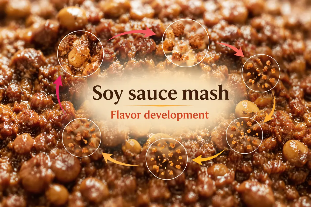 Close-up of soy sauce moromi mash with soybean and wheat particles breaking down, with the words Soy sauce mash