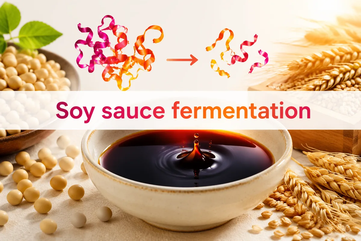 Soybeans, wheat ears and a bowl of soy sauce under a simple protein-breakdown graphic and the words Soy sauce fermentation